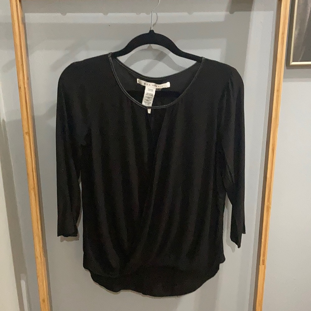 Max Studio blouse with key hole detail with leather piping on collar
